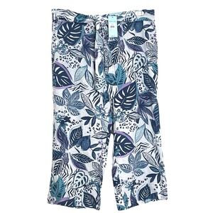 NWT Blue Sol Wide Leg Crop Pants L Blue Leaf Print Linen Blend Elastic Tie Waist